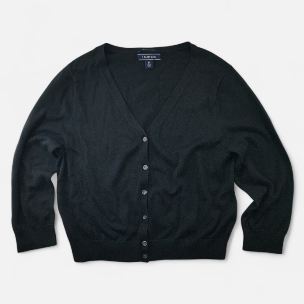 Lands’ End Black Supima Cotton Cardigan Sweater Women’s M Classic Button Front